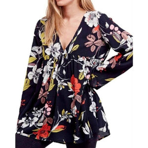 Free People Bella Floral-Print Tunic Mini Dress Women’s Size XS Black V-Neck